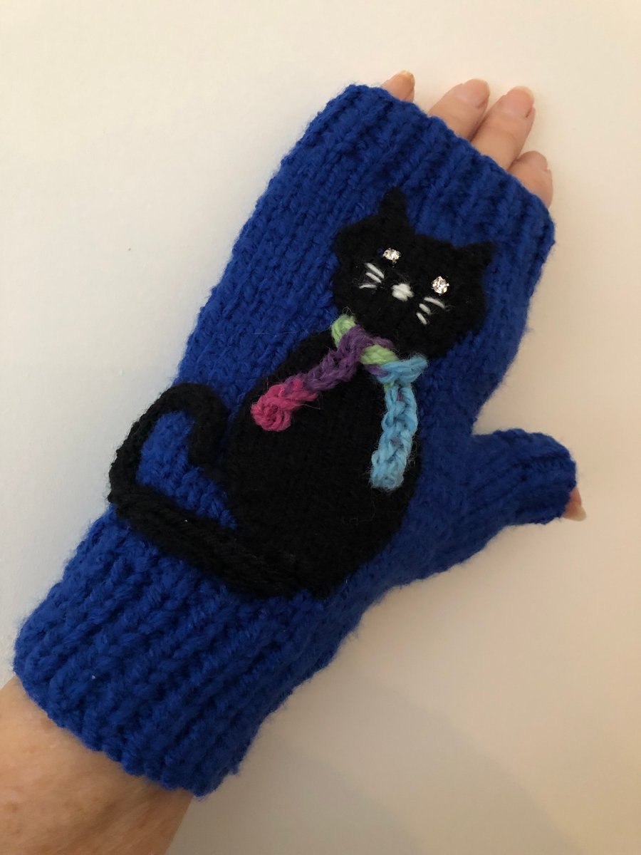 Black Cats With Sparkly Eyes On Dark Blue Fingerless Gloves (J35)