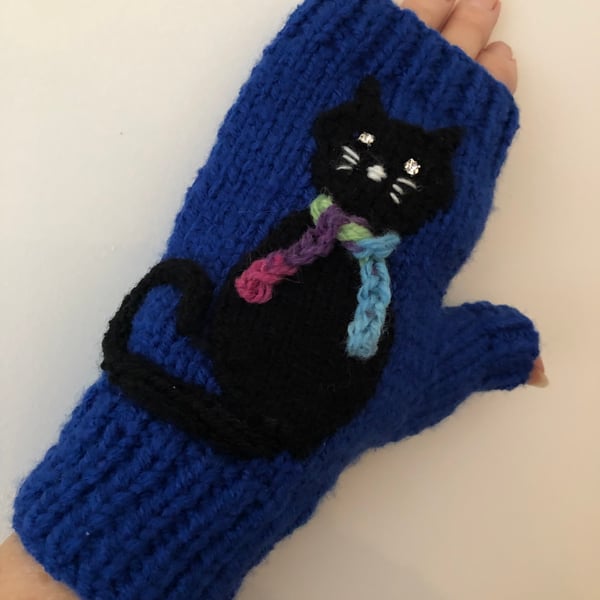 Black Cats With Sparkly Eyes On Dark Blue Fingerless Gloves (J35)