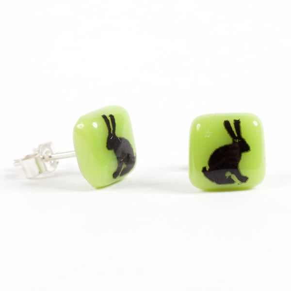 Black Bunny Earrings Fused Glass with Screen Printed Kiln Fired Enamel