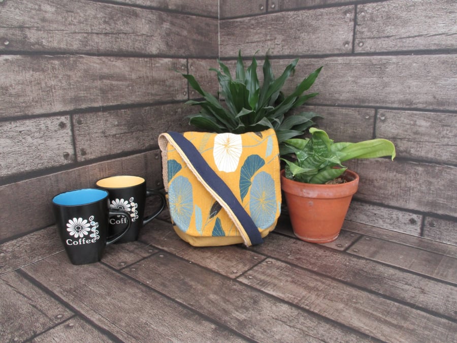 Image of Upcycled Coffee Sack -  Mini Shoulder Bag - Mustard floral pattern