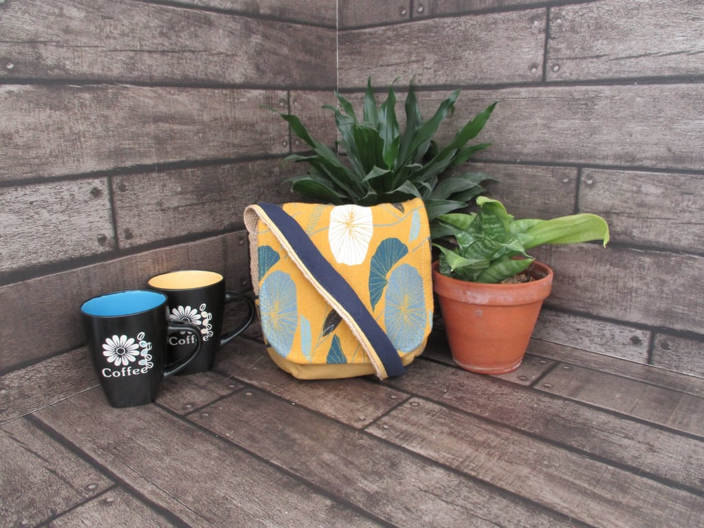 Upcycled Coffee Sack -  Mini Shoulder Bag - Mustard floral pattern