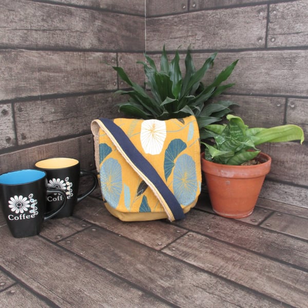 Upcycled Coffee Sack -  Mini Shoulder Bag - Mustard floral pattern