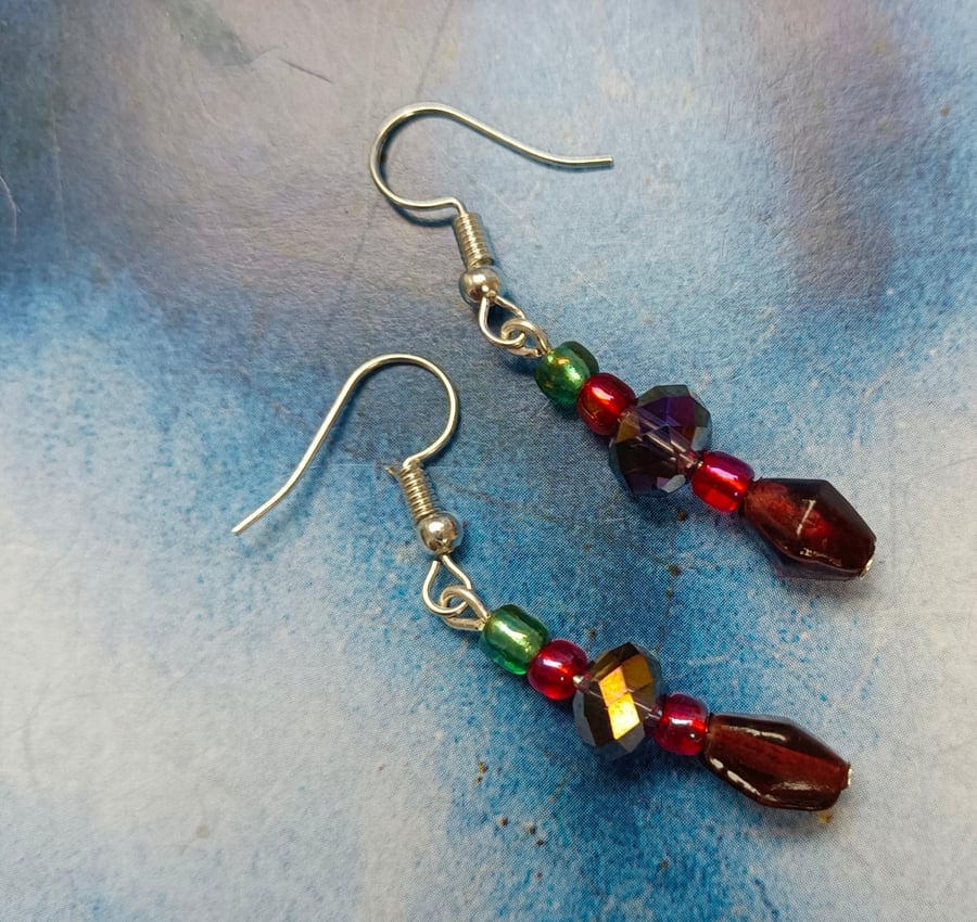 Vivid Red Beaded Earrings in Glass and Crystal