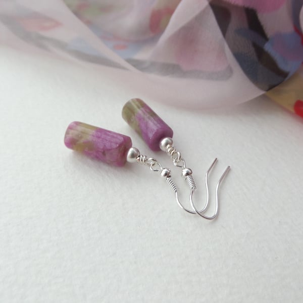 Pink Cylinder Ukanite Silver Earrings