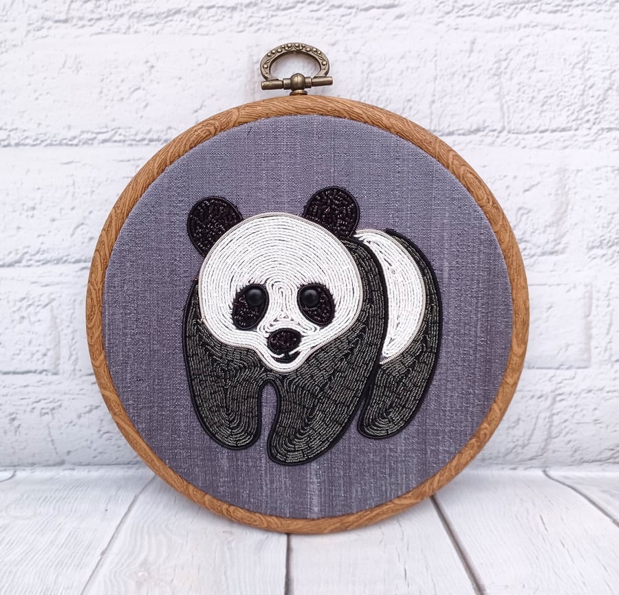 Handcrafted Goldwork Panda Embroidery Hoop, Unique Decorative Wall Art, 5 Inch H