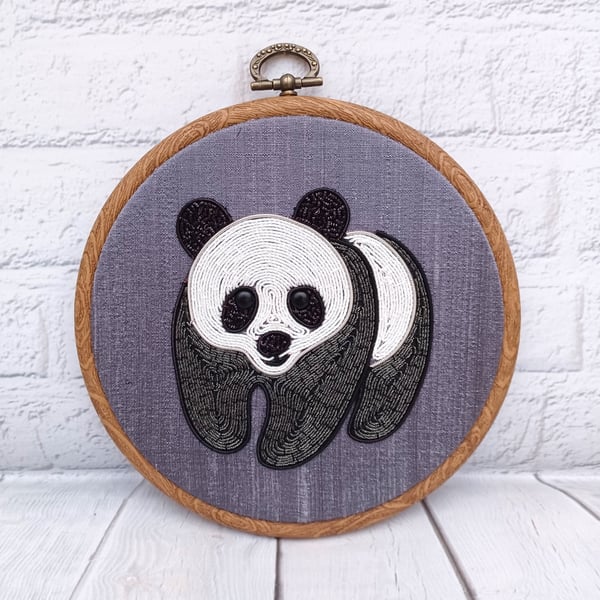 Handcrafted Goldwork Panda Embroidery Hoop, Unique Decorative Wall Art, 5 Inch H