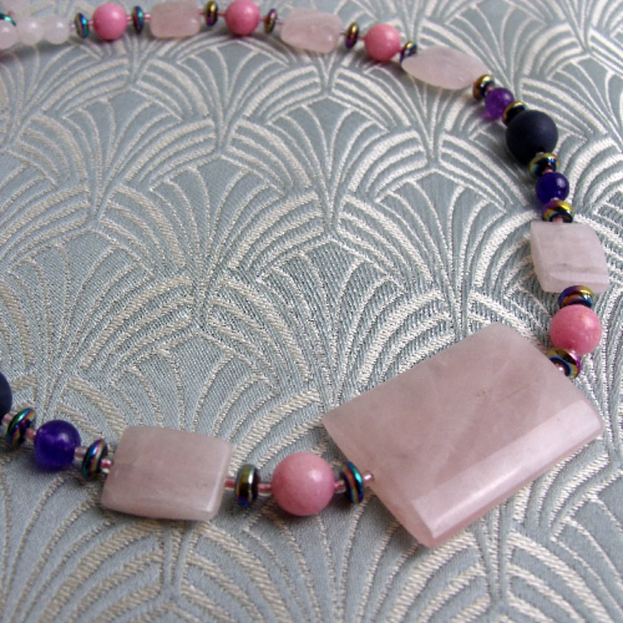 Rose Quartz Necklace, Pink Necklace, Pink Semi-Precious Stone Necklace CC67
