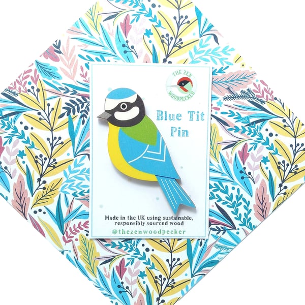Blue Tit Pin Badge, Garden Bird Brooch, Garden Birds, Wooden Accessories