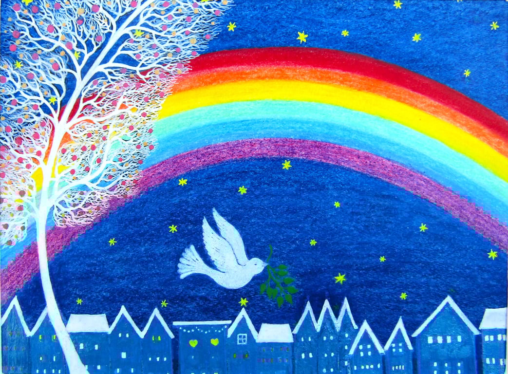 Dove Christmas Card, Rainbow Stars, Spiritual Art Card, Olive Branch Bird, Peace