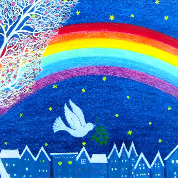Dove Christmas Card, Rainbow Stars, Spiritual Art Card, Olive Branch Bird, Peace