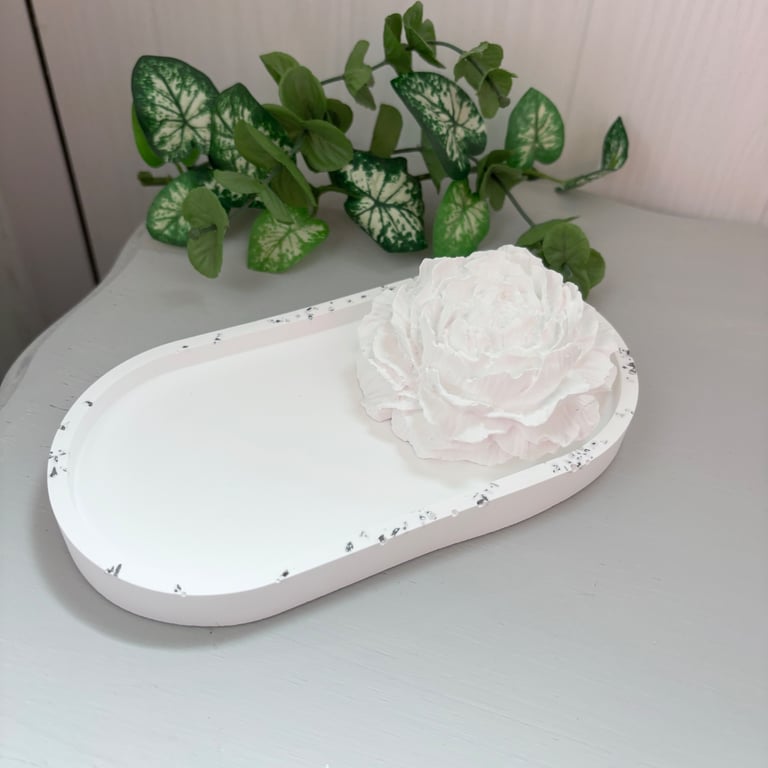 White Oval Decorative Tray with Peony Flower