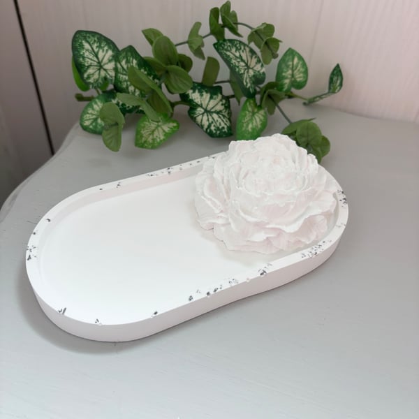 White Oval Decorative Tray with Peony Flower