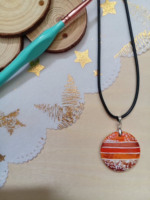 Orange patterned hand painted wooden necklace 