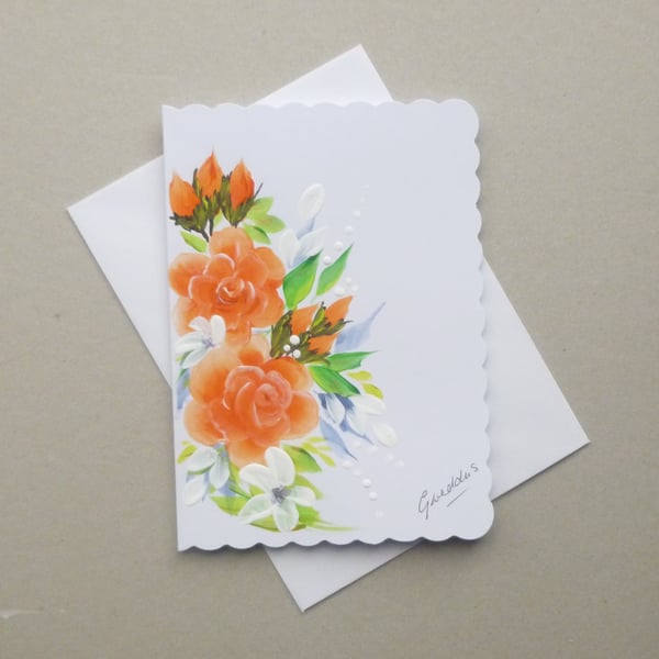 hand painted floral roses blank greetings card ( ref F 898 C2 )