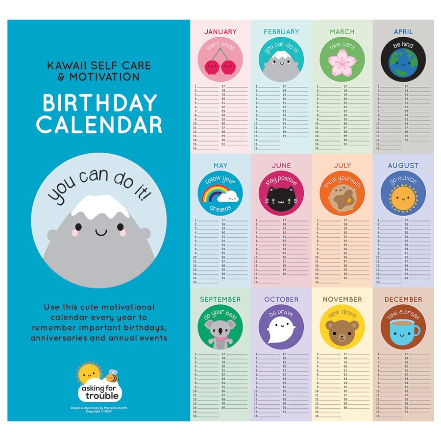 Kawaii Birthday Calendar For Every Year - Self Care & Motivation