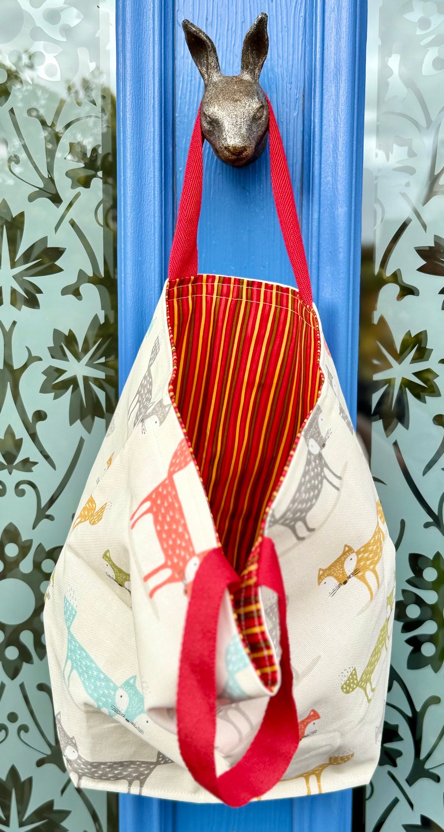 Small woodland tote bag - colourful foxes with red webbing handles