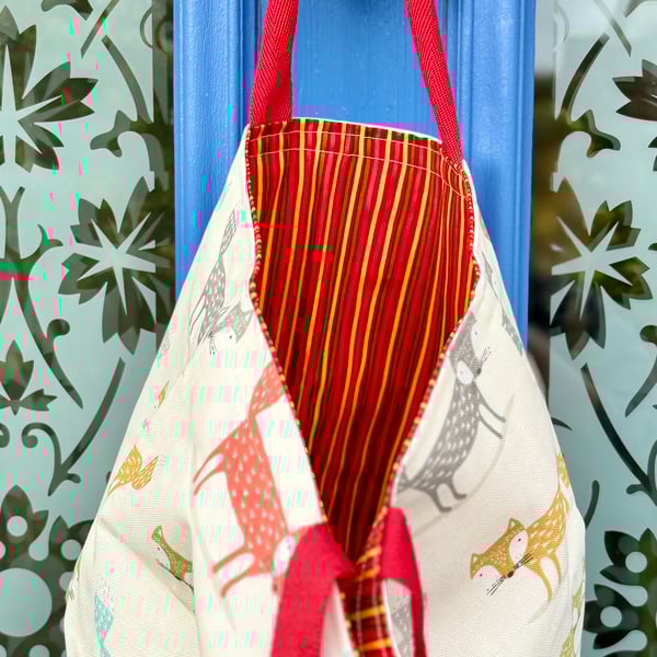 Small woodland tote bag - colourful foxes with red webbing handles