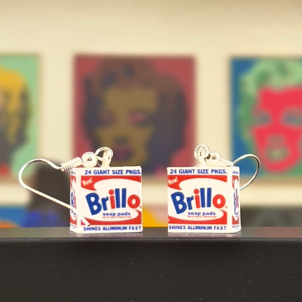 Pop-art Brillo Box mini dangle earrings (pair) by David Asch Art & Design