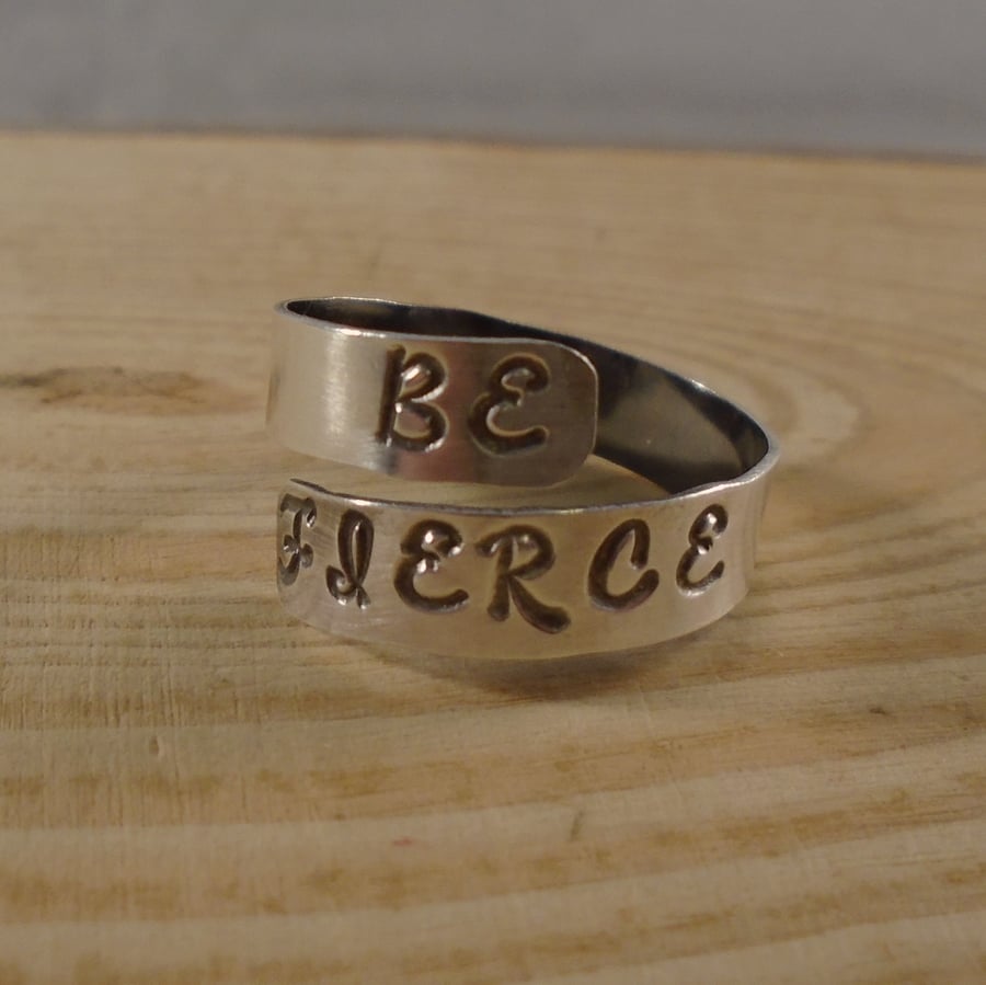 Sterling Silver Stamped Be Fierce Adjustable Ring