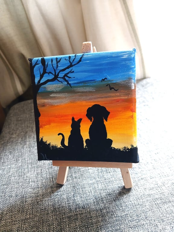 Original Painting on mini canvas, Cat & Dog Silhouette, includes easel