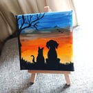 Original Painting on mini canvas, Cat & Dog Silhouette, includes easel