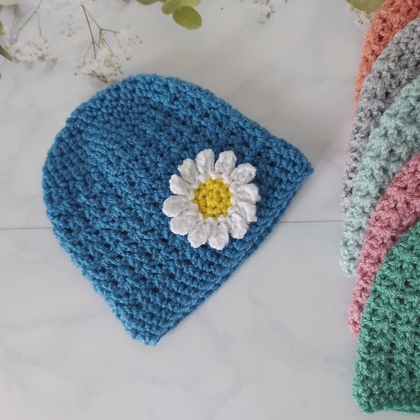 Blue Newborn Crochet Baby Daisy Beanie Hat, Ready to Post 