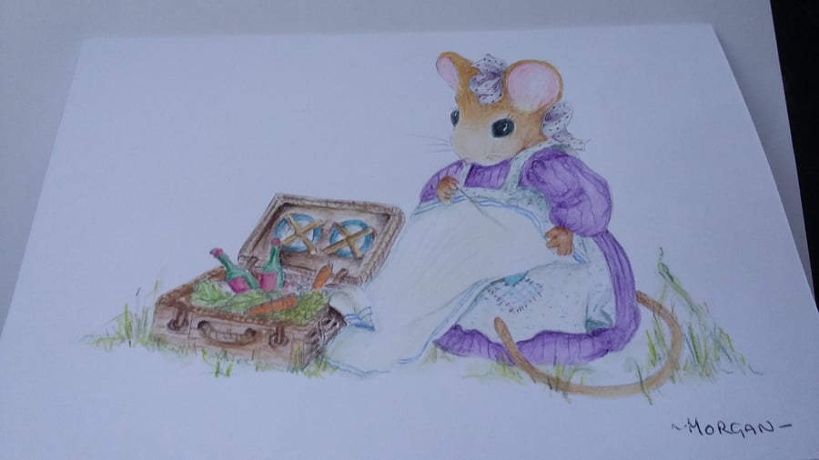 HAND PAINTED WATER COLOUR CARD WITH MOUSE HAVING A PICNIC