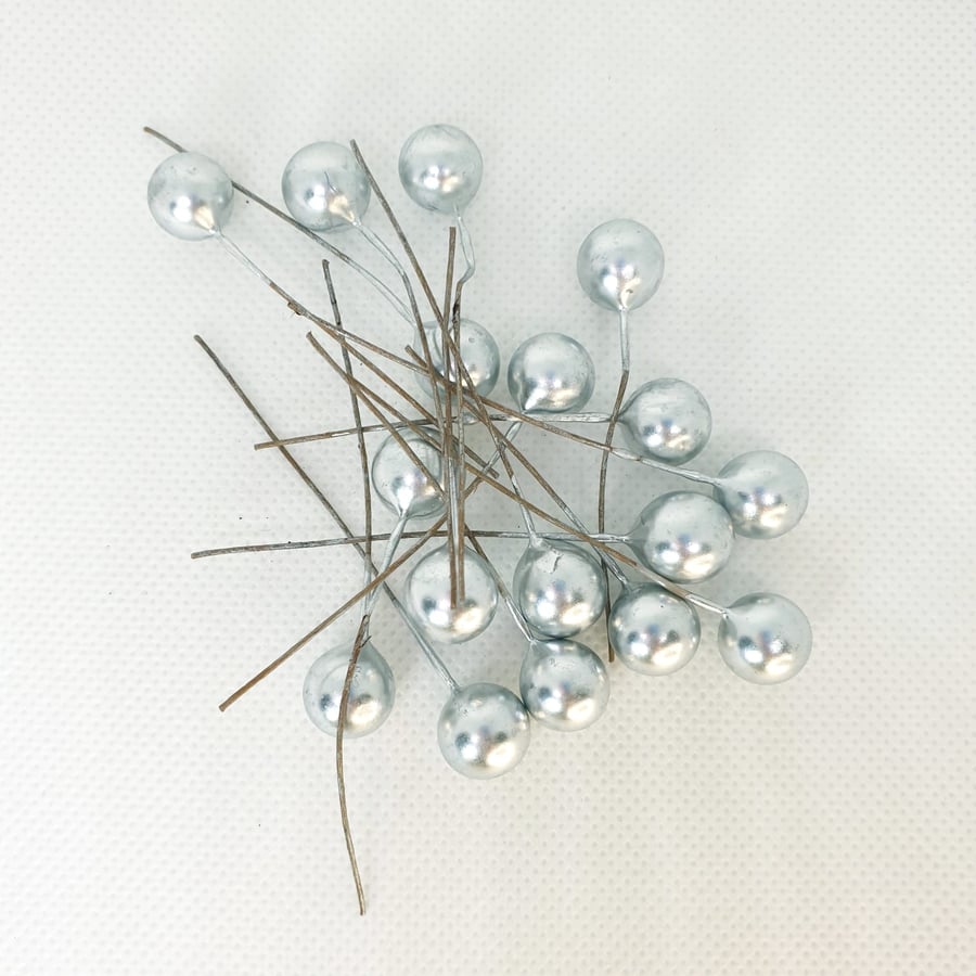 20 Pcs 10mm x 60mm Silver Wired Berry Stems Artificial Berry Christmas Supplies 
