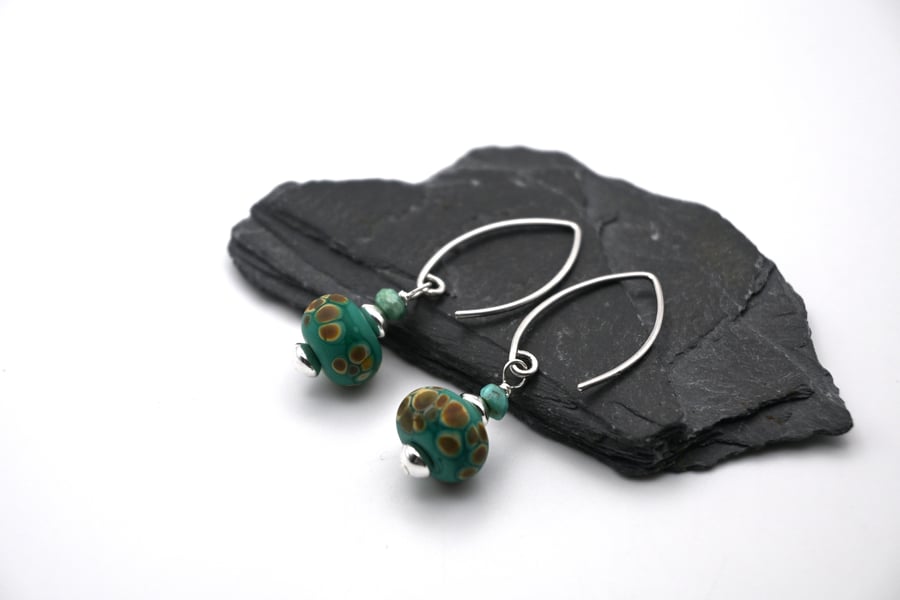 green lampwork glass and turquoise earrings