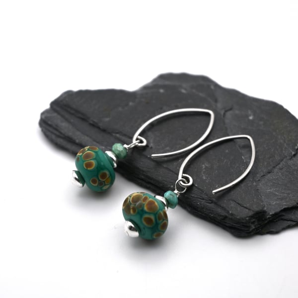 green lampwork glass and turquoise earrings