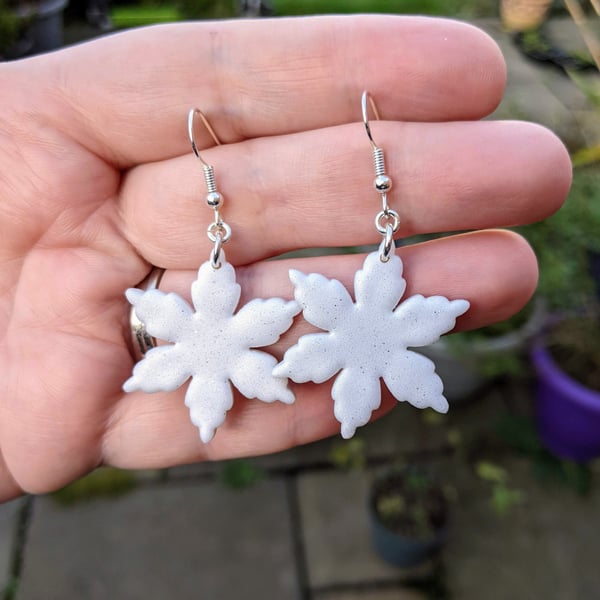 Sparkly White Snowflake Earrings, Dangle Drop Earrings, Polymer Clay Jewellery
