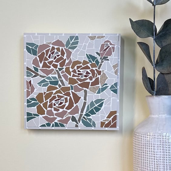 Mosaic Floral Art - Orange Rose Mosaic Wall Plaque in White