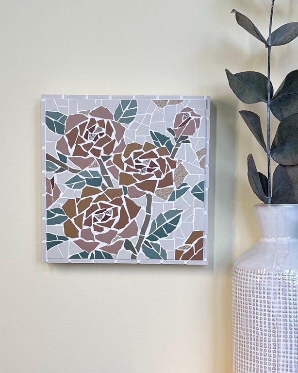 Mosaic Floral Art - Orange Rose Mosaic Wall Plaque in White