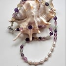 Rainbow Fluorite, Rice Freshwater Culture Pear, Amethyst Necklace