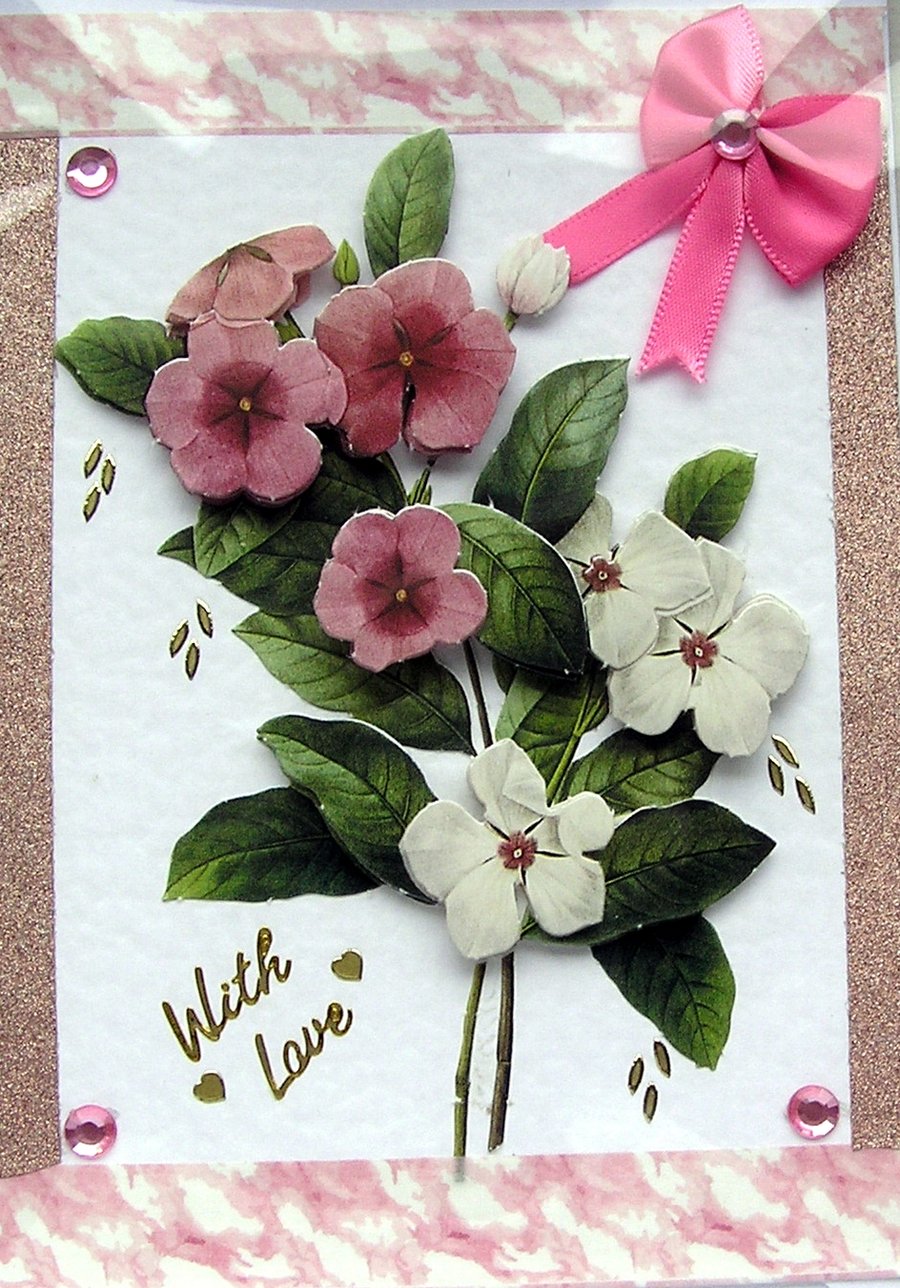 Pink Flower Hand Crafted 3D Decoupage Card - With Love (2525)