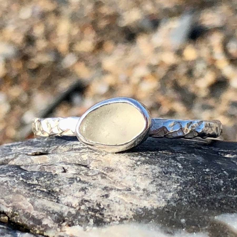 Simple White Sea Glass and Hammered Sterling Silver Ring - Size U - 1249