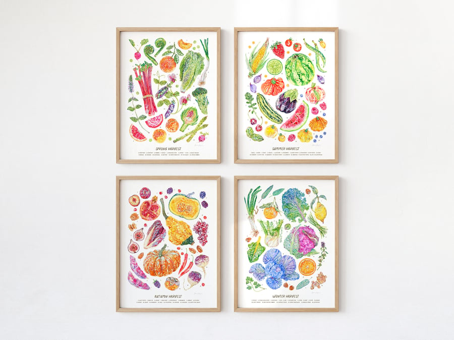 Set of Four Seasonal Food Art Prints - Illustrated food art printed sustainably