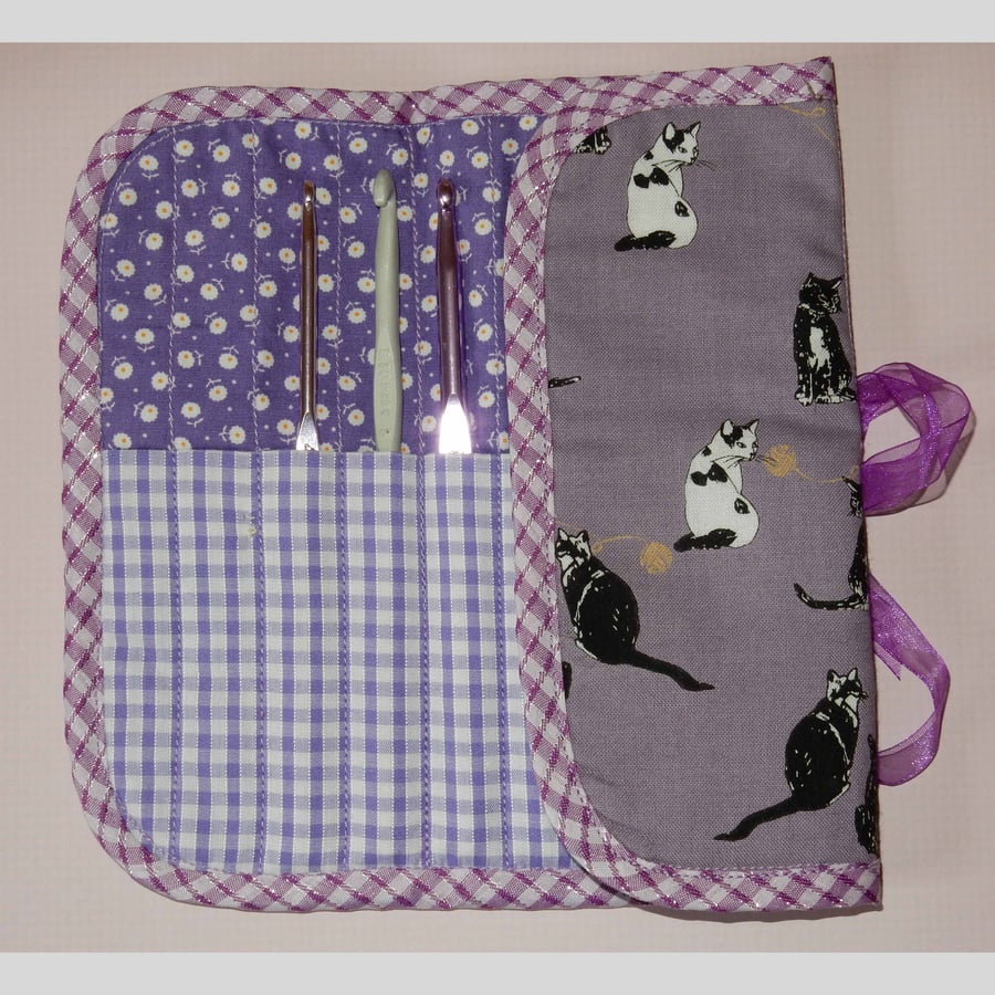 Crochet hook holder or roll black and white cats