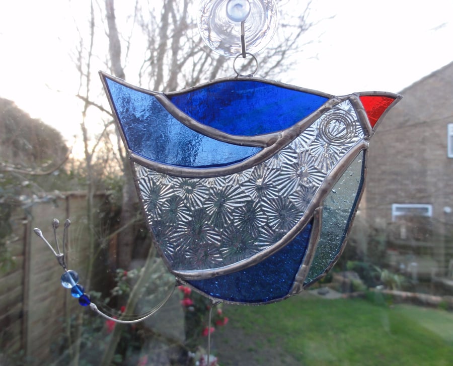 Stained Glass Funky Bird Suncatcher  - Blue