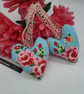 Heart hanger pair in blue floral, cream lace and silver bells - Image 7