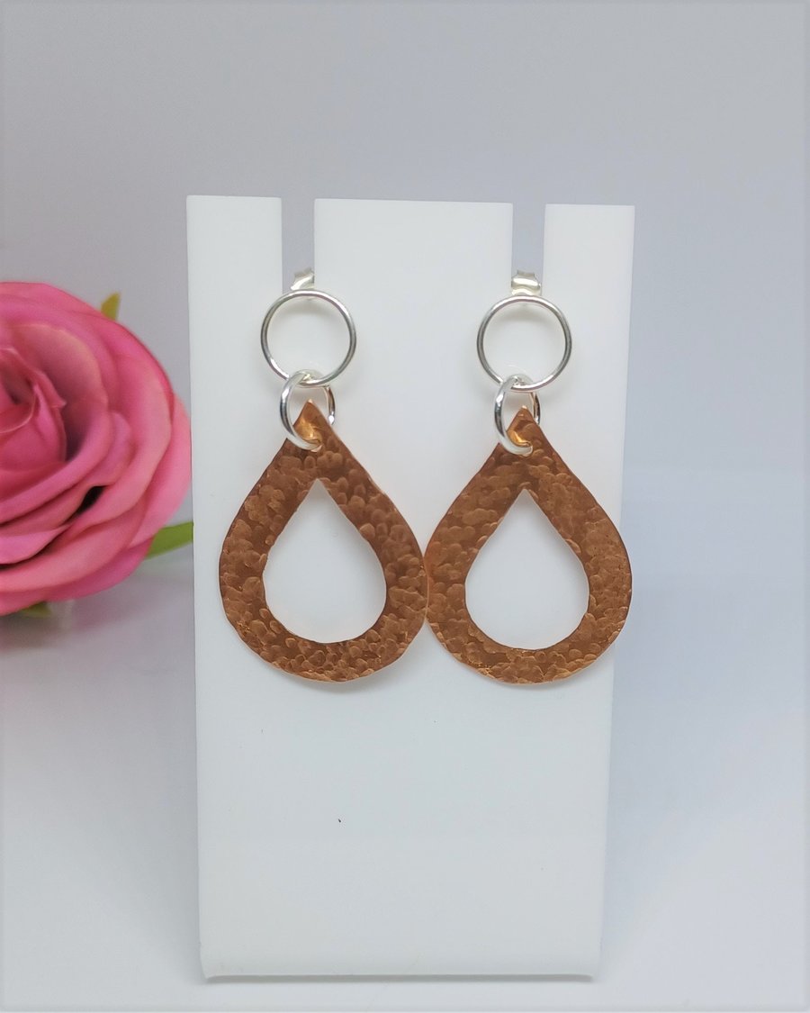 Boho Chic Copper Teardrop Earrings with Silver Earwire, Handmade Teardrop Dangle