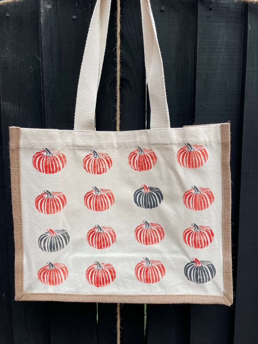 Eco Jute cotton Tote Bag Hand printed British Pumpkins Gift Autumn Halloween