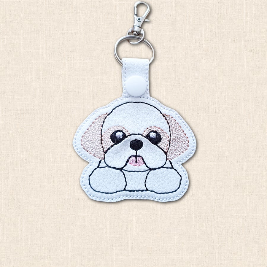 Kawaii Shih Tzu Keyring - Embroidered Faux Leather Dog Bag Charm