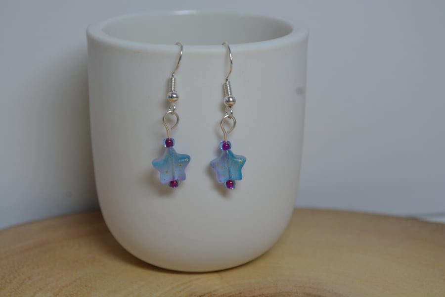 Blue and Purple glass beaded star earrings with gold shimmer 