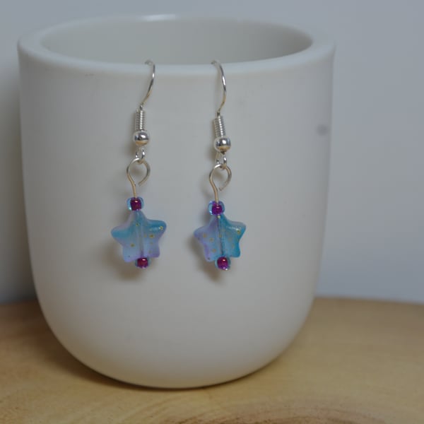 Blue and Purple glass beaed star earrings with gold shimmer 
