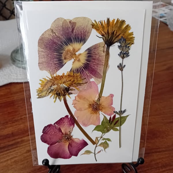 Handmade pressed flower greeting card. Holly-hock, rose, lavender and dandelion.