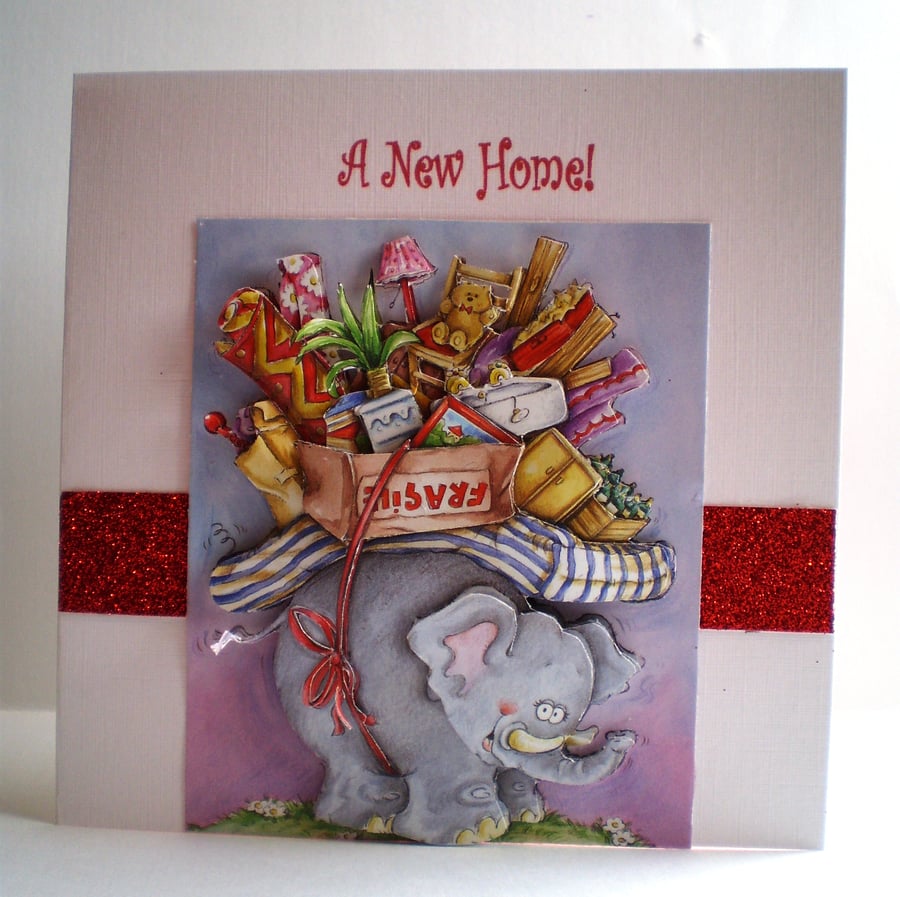 Handmade Decoupage,3D New Home Card, Elephant, Kitchen Sink, Junk