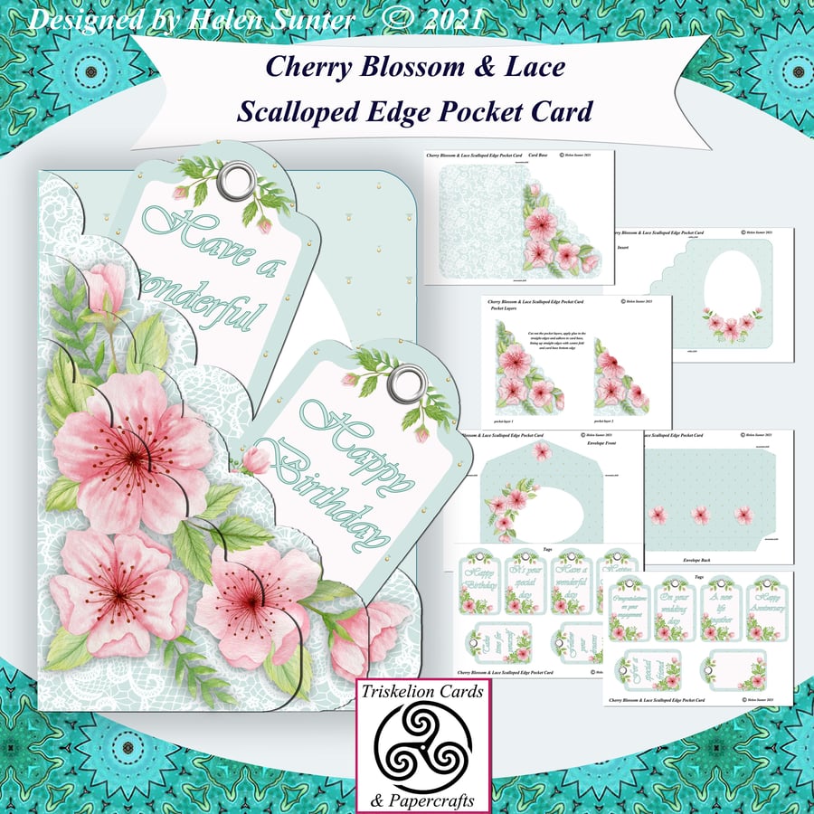 Printable Cherry Blossom & Lace Scalloped Edge Pocket Card Making Kit
