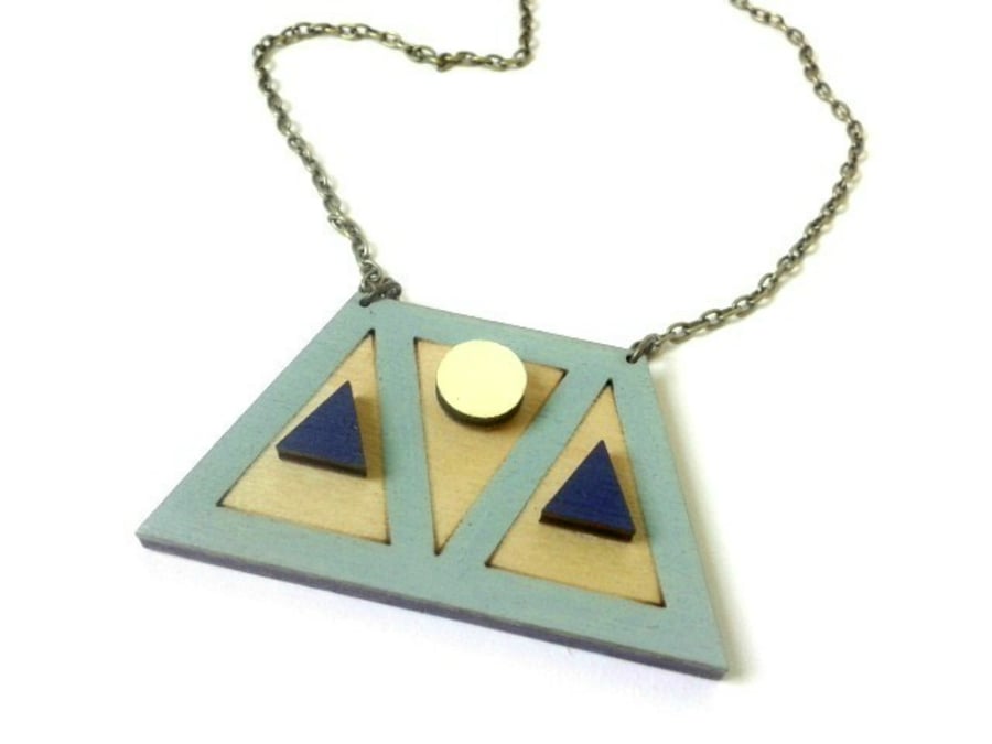 Geometric Wooden Trapezium and Triangle Necklace