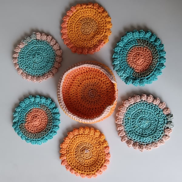 Crochet Coasters Sun, Sea & Beach - set of six including matching coaster holder